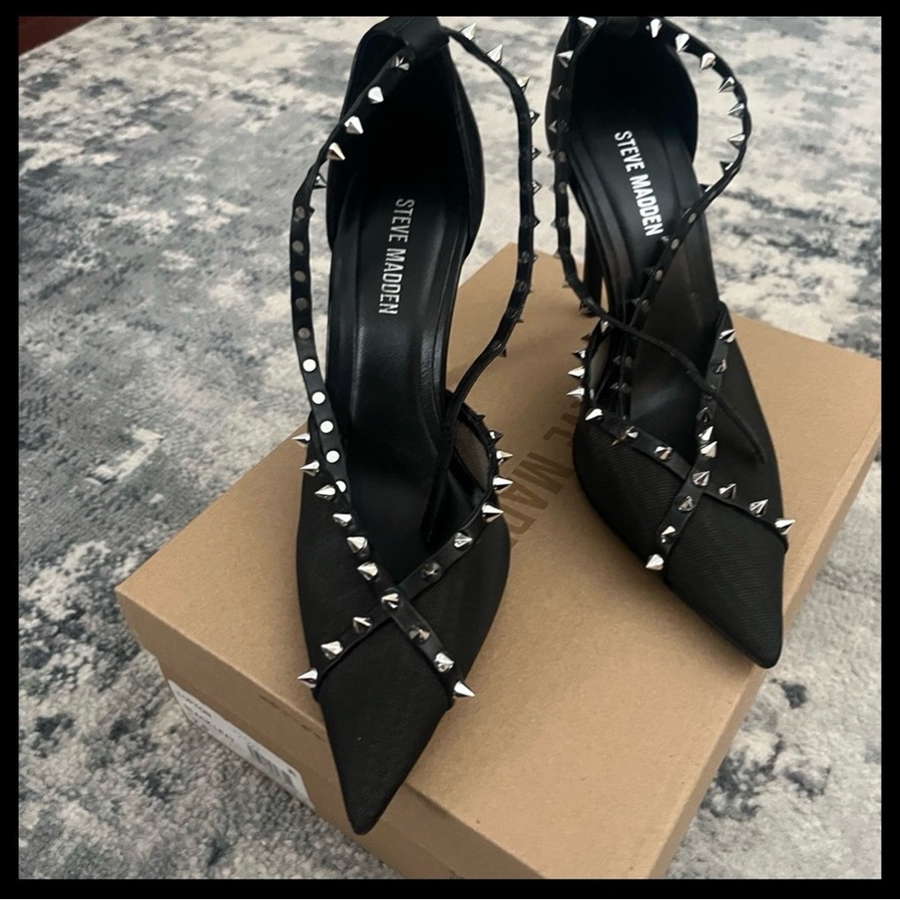 Steve Madden Black Studded Pointed-Toe Slingback Heels